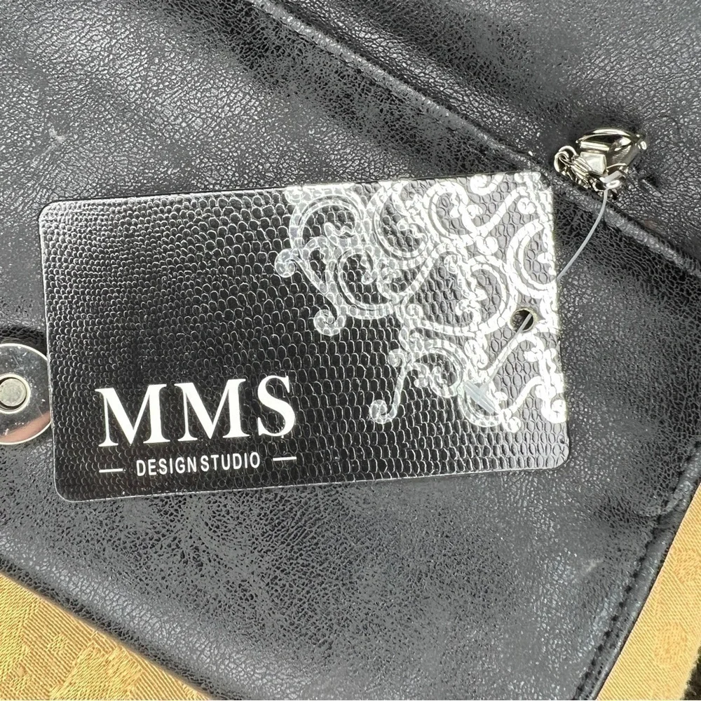 NEW MMS Black Faux Leather Rhinestone Accent Clutch Purse Silver Chain Strap